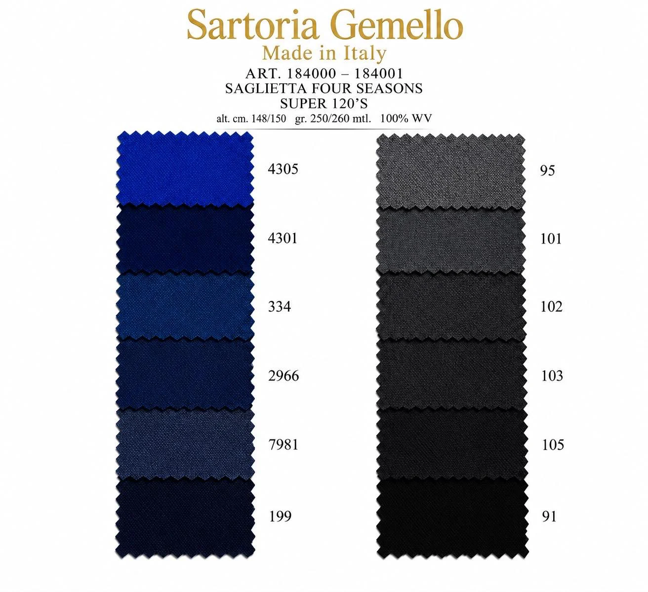 Cartella tessuti Saglietta Four Seasons Super 120 con campioni blu, grigi e neri