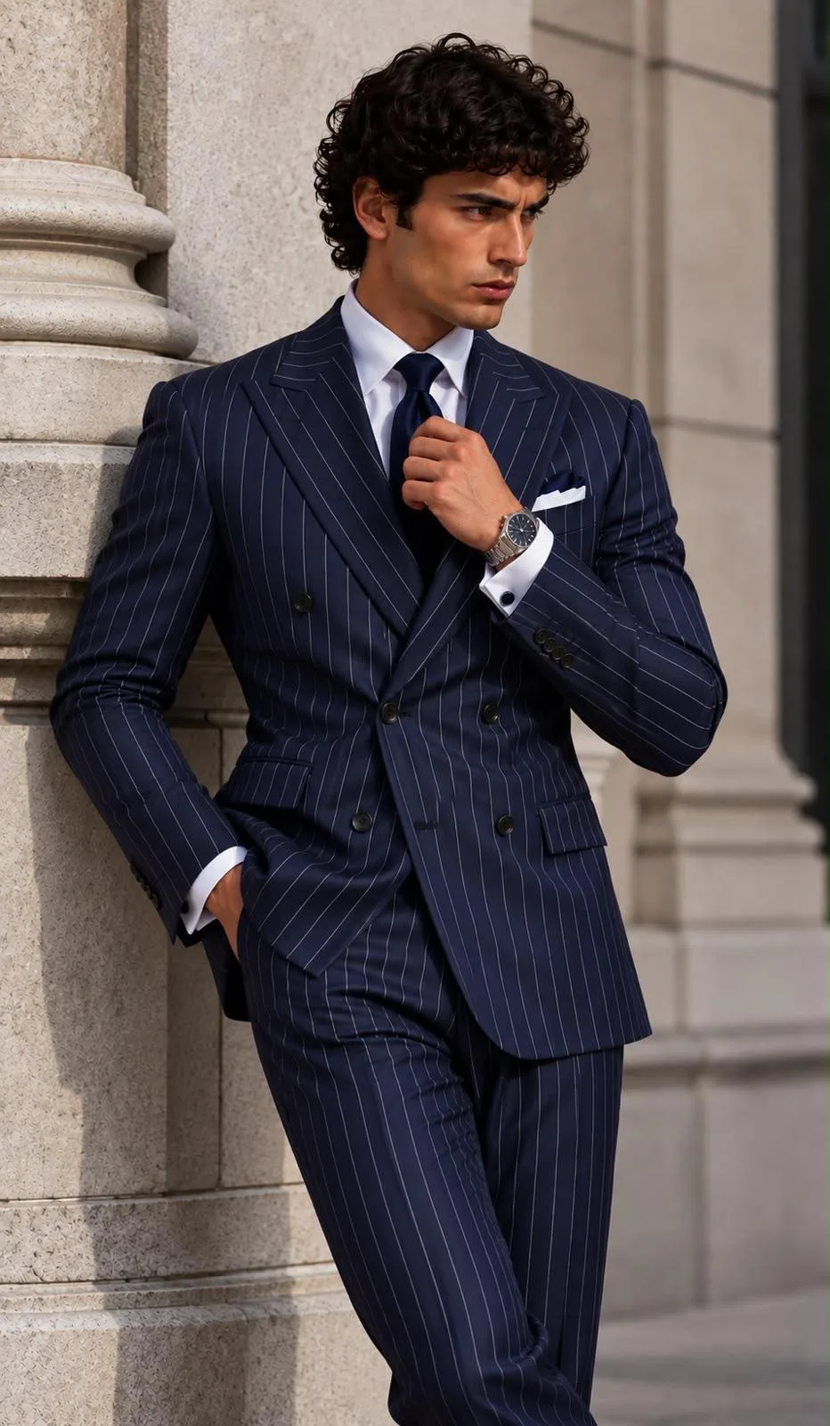 Uomo con abito blu gessato in tessuto Super 120