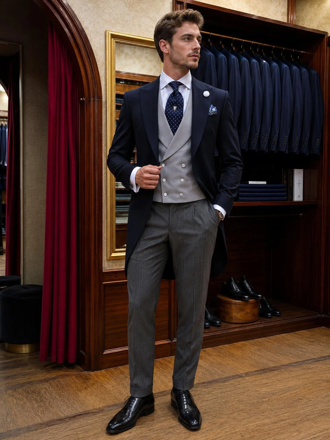 Tight blu con gilet grigio doppiopetto e pantaloni rigati